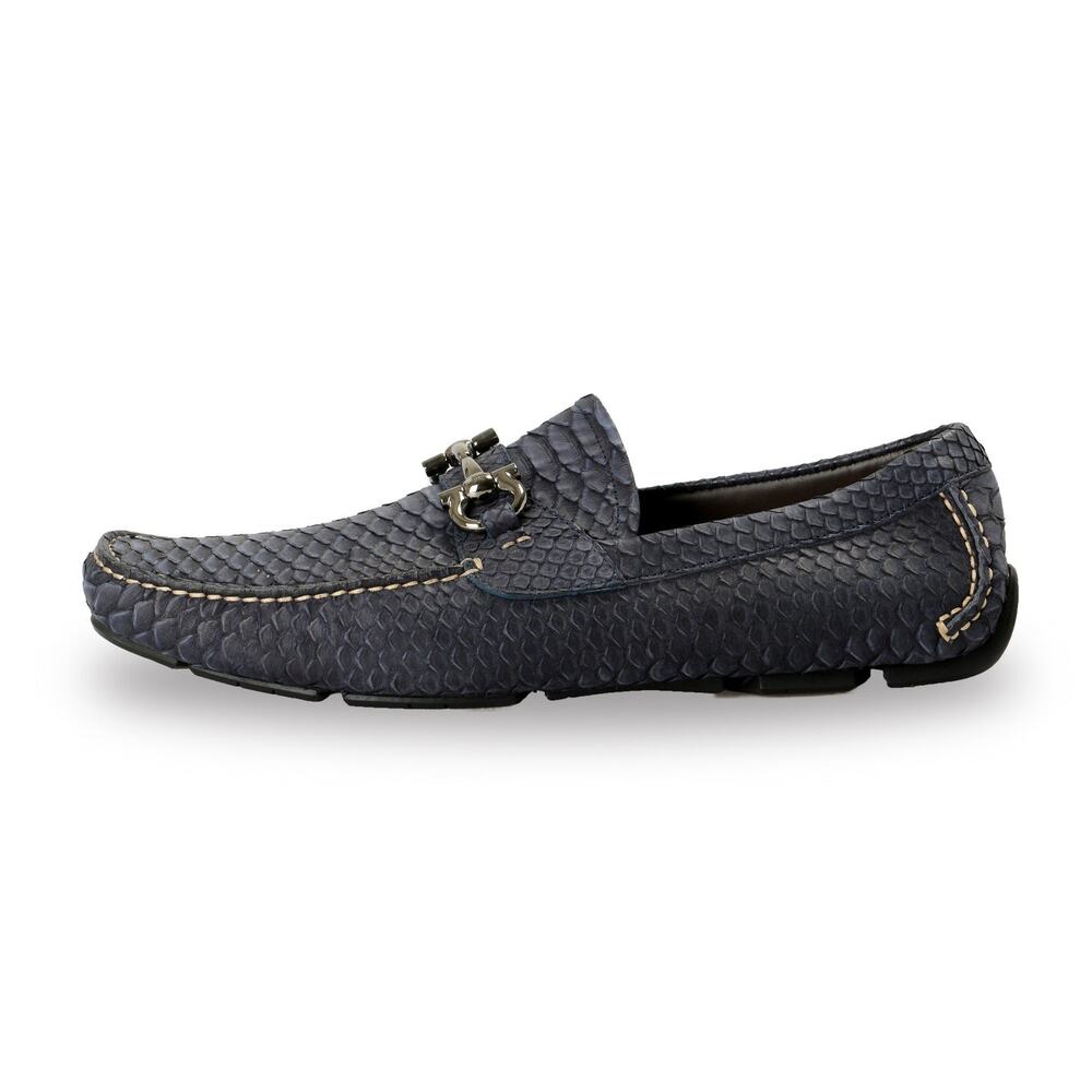 Salvatore Ferragamo Parigi Python Gancini Driving Loafers Shoes Navy Blue US 8.5